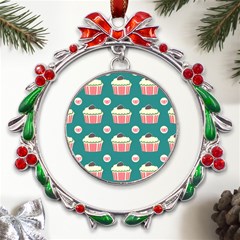 Retro 40s 50s Cupcake Pattern 2 Metal X mas Wreath Ribbon Ornament by violetheavensky