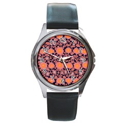 Mid Century Retro Floral 1970s 1960s Pattern 74 Round Metal Watch by violetheavensky