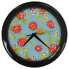 Mid Century Retro Floral 1970s 1960s Pattern 78 Wall Clock (black) by violetheavensky