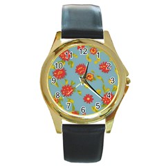 Mid Century Retro Floral 1970s 1960s Pattern 78 Round Gold Metal Watch by violetheavensky
