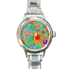 Mid Century Retro Floral 1970s 1960s Pattern 58 Round Italian Charm Watch by violetheavensky