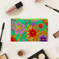 Mid Century Retro Floral 1970s 1960s Pattern 58 Cosmetic Bag (xs) by violetheavensky