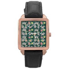 Mid Century Retro Floral 1970s 1960s Pattern 62 Rose Gold Leather Watch  by violetheavensky