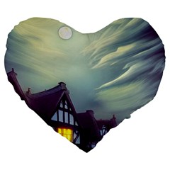 Village Moon Cloudy Historical Tudor Architecture Houses Town Night Windows City Large 19  Premium Flano Heart Shape Cushions by Posterlux
