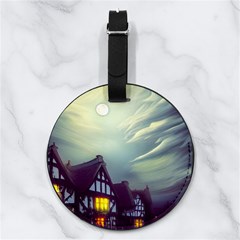 Village Moon Cloudy Historical Tudor Architecture Houses Town Night Windows City Nappa Leather Luggage Tag Round by Posterlux