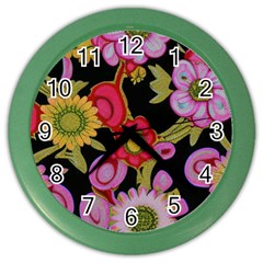 Mid Century Retro Floral 1970s 1960s Pattern 70 Color Wall Clock by violetheavensky
