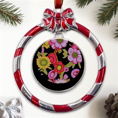 Mid Century Retro Floral 1970s 1960s Pattern 70 Metal Red Ribbon Round Ornament by violetheavensky